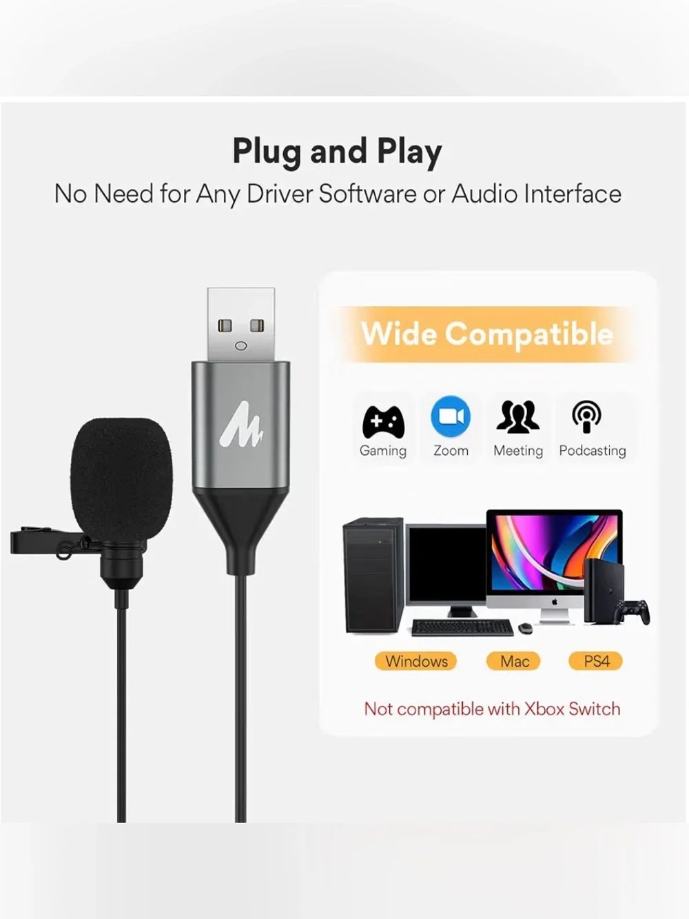 MAONO USB Lavalier Omnidirectional Lapel Shirt Collar Clip-on Microphone